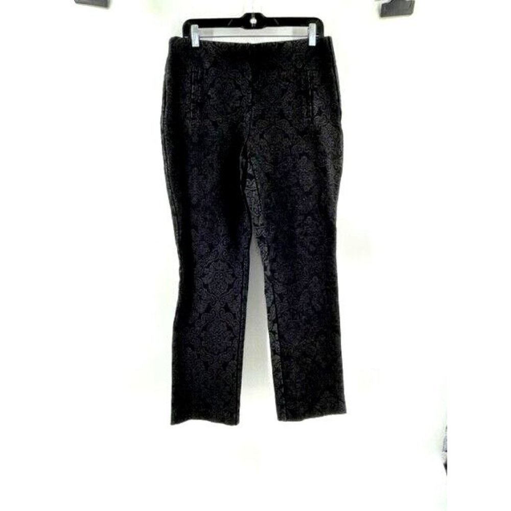 Chico's Women's Black Damask Mid Rise Pull On Straight Leg Pants Career Size 8